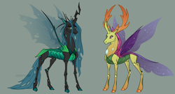 Size: 2500x1350 | Tagged: safe, artist:dementra369, queen chrysalis, thorax, changedling, changeling, changeling queen, g4, duo, female, green background, king thorax, male, realistic anatomy, simple background
