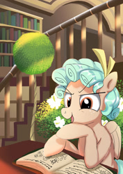 Size: 1024x1449 | Tagged: safe, artist:neoshrek, cozy glow, pegasus, pony, g4, book, bookshelf, female, house plant, library, reading, solo, staircase, studying