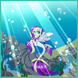 Size: 1280x1280 | Tagged: safe, artist:spoopypumpkinspice, edit, oc, oc only, pegasus, pony, seapony (g4), bubble, crepuscular rays, dorsal fin, eyelashes, female, fish tail, flowing mane, flowing tail, green eyes, logo, logo edit, multicolored hair, ocean, one eye closed, rock, seaponified, seaweed, smiling, solo, species swap, sunlight, swimming, tail, underwater, water, wings
