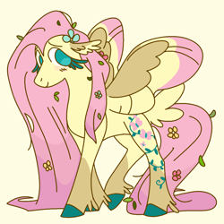 Size: 1200x1200 | Tagged: safe, artist:britebuck, fluttershy, pegasus, pony, g4, floppy ears, flower, flower in hair, redesign, smiling, solo