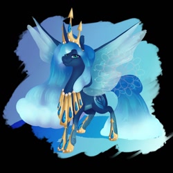 Size: 1280x1280 | Tagged: safe, artist:dojero, edit, oc, oc only, alicorn, pony, blue eyes, blue mane, blue tail, crown, female, green eyes, hoof shoes, horn, jewelry, logo, logo edit, regalia, smiling, solo, spread wings, wings