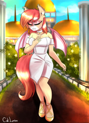 Size: 2000x2760 | Tagged: safe, artist:cali luminos, oc, oc only, oc:sun summoner, bat pony, anthro, choker, clothes, collar, dress, eyeshadow, female, high res, jewelry, makeup, necklace, sexy, solo