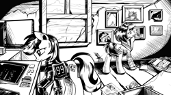 Size: 4252x2364 | Tagged: safe, artist:lexx2dot0, oc, oc only, oc:blackjack, oc:p-21, earth pony, pony, unicorn, fallout equestria, fallout equestria: project horizons, series:ph together we reread, black and white, clothes, duo, fanfic art, grayscale, horn, jumpsuit, monochrome, pipbuck, small horn, vault security armor, vault suit