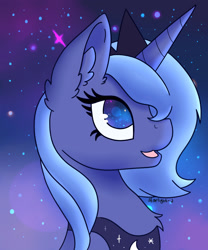 Size: 2500x3000 | Tagged: safe, artist:starlight-j, princess luna, alicorn, pony, g4, bust, crown, ear fluff, female, high res, jewelry, lens flare, open mouth, s1 luna, solo, starry sky