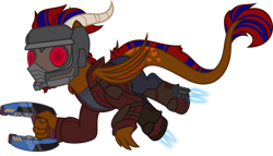 Size: 1280x731 | Tagged: safe, artist:mlp-trailgrazer, oc, oc only, oc:jaywalk, dracony, dragon, hybrid, clothes, cosplay, costume, magnet, male, simple background, solo, star-lord, transparent background