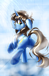 Size: 2200x3400 | Tagged: safe, artist:ktk's sky, oc, oc only, oc:frozen flash, oc:冰闪, pony, unicorn, bathroom, butt, high res, looking back, male, plot, sexy, shower, solo, water