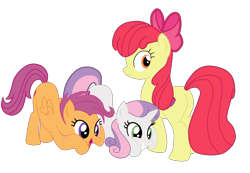 Size: 5119x3550 | Tagged: safe, artist:gmaplay, apple bloom, scootaloo, sweetie belle, earth pony, pegasus, pony, unicorn, g4, growing up is hard to do, absurd resolution, bloom butt, butt, cutie mark crusaders, face down ass up, female, grin, looking back, mare, older, older apple bloom, older cmc, older scootaloo, older sweetie belle, open mouth, open smile, plot, simple background, smiling, transparent background, trio, trio female