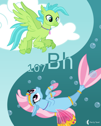 Size: 4000x5000 | Tagged: safe, artist:parclytaxel, oc, oc only, oc:bottlegriff, oc:wishgriff, classical hippogriff, genie, hippogriff, seapony (g4), series:joycall6's periodic table, trotcon, trotcon online, .svg available, absurd resolution, bohrium, bubble, chemistry, cloud, commission, duality, eye contact, female, flying, looking at each other, male, mare, not silverstream, not terramar, periodic table, smiling, smiling at each other, spread wings, stallion, underwater, vector, wings, yin-yang