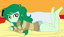 Size: 2210x1298 | Tagged: safe, artist:gmaplay, wallflower blush, equestria girls, g4, ass, barefoot, bed, blue underwear, butt, butt freckles, clothes, feet, freckles, lying down, lying on bed, on bed, panties, solo, underwear, wallflower butt