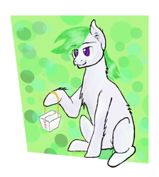 Size: 561x627 | Tagged: safe, artist:firebird145, oc, oc only, earth pony, pony, abstract background, box, chest fluff, earth pony oc, food, hoof hold, sitting, smiling, solo