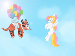 Size: 800x600 | Tagged: safe, artist:firebird145, oc, big cat, pegasus, pony, tiger, g4, :p, balloon, duo, female, floating, furry, furry oc, mare, pegasus oc, then watch her balloons lift her up to the sky, tongue out, wings