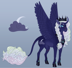 Size: 2880x2700 | Tagged: safe, artist:bluet0ast, oc, oc only, alicorn, pony, alicorn oc, braid, cloud, crescent moon, curved horn, high res, hoof shoes, horn, jewelry, leonine tail, magical lesbian spawn, moon, offspring, one eye closed, parent:princess luna, parent:rainbow dash, parents:lunadash, peytral, scar, sombra eyes, tiara, wings, wink