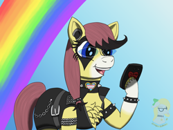 Size: 1600x1200 | Tagged: safe, artist:gray star, derpibooru exclusive, oc, oc:sunny side(gray star), earth pony, pony, black metal, cellphone, chains, choker, clothes, female, glasses, happy, metal, phone, rainbow, shorts, smartphone, spiked choker, spikes, trans female, transgender, vest