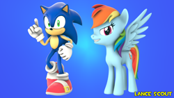 Size: 1920x1080 | Tagged: safe, artist:lancescout, rainbow dash, hedgehog, pegasus, pony, g4, 3d, blue background, crossover, grin, looking at you, male, simple background, smiling, sonic the hedgehog, sonic the hedgehog (series), source filmmaker, spread wings, wings