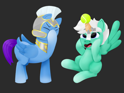 Size: 1000x750 | Tagged: artist needed, safe, thunder flap, zoom zephyrwing, pegasus, pony, g5, armor, ball, facehoof, female, guard, male, mare, royal guard, stallion, tennis ball