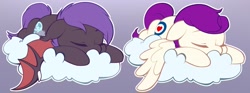 Size: 1783x665 | Tagged: safe, artist:breloomsgarden, oc, oc only, oc:dawn sentry, oc:gloster meteor, bat pony, pegasus, pony, chibi, cloud, commission, cute, eyes closed, sleeping, your character here