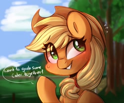 Size: 2048x1716 | Tagged: safe, artist:sakukitty, applejack, earth pony, pony, g4, blushing, bronybait, bust, cute, dialogue, eye clipping through hair, female, jackabetes, mare, plewds, smiling, solo, speech bubble, sweat, sweet apple acres, talking to viewer