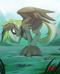 Size: 2648x3300 | Tagged: safe, artist:beardie, oc, oc only, oc:graphite sketch, pegasus, pony, balancing, cute, high res, hooves together, lake, looking down, spread wings, water, wings