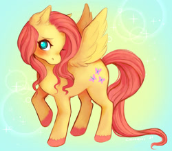 Size: 1280x1126 | Tagged: safe, artist:lunaesii, fluttershy, pegasus, pony, g4, blushing, colored pupils, cute, ear fluff, female, mare, shyabetes, solo, spread wings, unshorn fetlocks, wings