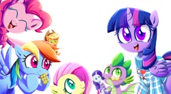 Size: 1128x624 | Tagged: safe, artist:ce2438, applejack, fluttershy, pinkie pie, rainbow dash, rarity, spike, twilight sparkle, alicorn, earth pony, pegasus, pony, unicorn, g4, clothes, doll, eyes closed, food, mane six, simple background, smiling, sweater, toy, twilight sparkle (alicorn), white background