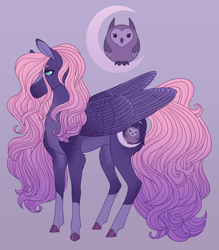 Size: 2400x2741 | Tagged: safe, artist:bluet0ast, oc, oc only, bird, owl, pegasus, pony, colored hooves, crescent moon, female, high res, magical lesbian spawn, mare, moon, offspring, parent:fluttershy, parent:princess luna, parents:lunashy, pegasus oc, tangible heavenly object, transparent moon, wings