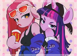 Size: 2748x2000 | Tagged: safe, artist:potetecyu_to, pinkie pie, twilight sparkle, earth pony, unicorn, anthro, arm hooves, backwards ballcap, baseball cap, cap, clothes, drink, female, hat, high res, jacket, looking at you, sunglasses, tanktop, tomboy