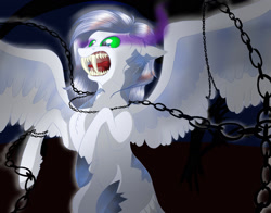 Size: 1771x1385 | Tagged: safe, artist:schokocream, oc, oc only, pegasus, pony, chains, corrupted, open mouth, pegasus oc, rearing, solo, sombra eyes, spread wings, wings