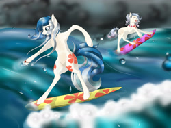 Size: 2362x1771 | Tagged: safe, artist:schokocream, oc, oc only, earth pony, pony, bipedal, duo, earth pony oc, female, mare, outdoors, surfboard, surfing