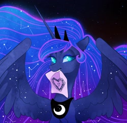 Size: 2048x1979 | Tagged: safe, artist:opalacorn, princess luna, alicorn, pony, g4, colored pupils, crown, ear fluff, heart eyes, jewelry, mouth hold, night, paper, peytral, regalia, solo, spread wings, stars, wingding eyes, wings