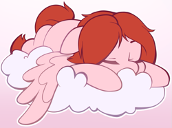 Size: 875x651 | Tagged: safe, artist:breloomsgarden, oc, oc only, oc:weathervane, pegasus, pony, cloud, commission, cute, female, mare, sleeping, solo, your character here