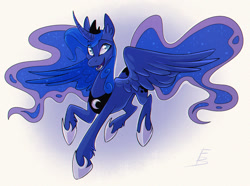 Size: 1600x1193 | Tagged: safe, artist:freckledbastard, princess luna, alicorn, pony, g4, colored, curved horn, female, gradient background, horn, mare, open mouth, smiling, solo