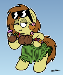 Size: 1924x2277 | Tagged: safe, artist:bobthedalek, oc, oc only, oc:bubble pump, earth pony, pony, bikini top, bipedal, clothes, cocktail umbrella, coconut, coconut bikini, coconut cup, floral necklace, flower, flower in hair, grass skirt, hula, skirt, solo, swimsuit