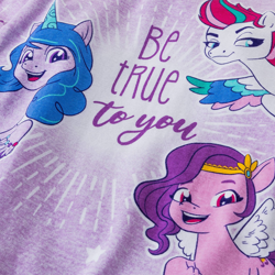 Size: 2400x2400 | Tagged: safe, izzy moonbow, pipp petals, zipp storm, pegasus, pony, unicorn, g5, official, 2d, clothes, female, high res, mare, merchandise, pajamas, positive ponies, target (store), text