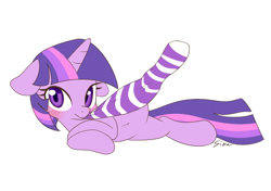 Size: 700x492 | Tagged: safe, artist:ao_sion, twilight sparkle, pony, unicorn, g4, belly button, blushing, clothes, female, floppy ears, looking at you, mare, simple background, socks, solo, striped socks, white background