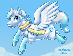 Size: 1035x800 | Tagged: safe, artist:hornbuckle, oc, oc only, oc:cold front, latex pony, original species, pegasus, pony, clothes, flying, latex, open mouth, open smile, scarf, smiling, solo, unshorn fetlocks