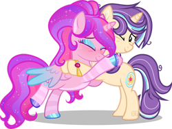 Size: 1280x960 | Tagged: safe, artist:katelynleeann42, artist:star-gaze-pony, oc, oc only, oc:starflight sparkle, oc:starswirl, alicorn, pony, unicorn, bipedal, duo, duo female, eyes closed, female, hug, mare, one eye closed, simple background, transparent background