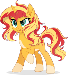 Size: 4409x4848 | Tagged: safe, artist:inaactive, sunset shimmer, pony, unicorn, g4, absurd resolution, alternate design, coat markings, freckles, messy mane, pale belly, peppered bacon, raised hoof, simple background, socks (coat markings), solo, transparent background, vector