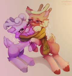 Size: 2223x2325 | Tagged: safe, artist:astralblues, cashmere (tfh), oc, oc:mohair, deer, pony, them's fightin' herds, blushing, clothes, community related, cuddling, cute, glasses, high res, mocash, scarf, shipping, tfh oc