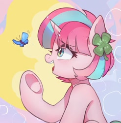 Size: 1445x1465 | Tagged: safe, artist:lexiedraw, artist:maren, oc, oc only, butterfly, pony, unicorn, abstract background, cute, female, looking at something, mare, ocbetes, open mouth, smiling, solo, underhoof