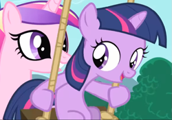 Size: 739x517 | Tagged: safe, screencap, princess cadance, twilight sparkle, pony, unicorn, a canterlot wedding, g4, season 2, cropped, female, filly, filly twilight sparkle, smiling, solo focus, swing, teen princess cadance, younger