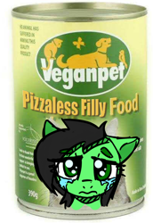 Size: 540x787 | Tagged: artist needed, safe, oc, oc:filly anon, can, canned food, crying, female, filly, pet food, sad, vegan