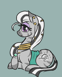 Size: 1652x2050 | Tagged: safe, artist:t72b, oc, oc only, oc:matriarch zeg'us, pony, zebra, bust, ear piercing, earring, female, jewelry, looking at you, lying down, mare, neck rings, necklace, piercing, portrait, prone, simple background, smiling, solo, zebra oc