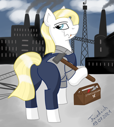 Size: 900x1000 | Tagged: safe, artist:friedrich911, oc, oc only, earth pony, pony, blonde, blue eyes, cigarette, clothes, female, hammer, industrial, looking back, mare, smoking, solo, toolbox, white, worker