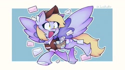 Size: 1948x1096 | Tagged: safe, artist:juniibugart, derpy hooves, pegasus, pony, g4, bag, cute, derpabetes, ear fluff, letter, mailmare, open mouth, saddle bag, solo, spread wings, unshorn fetlocks, wings
