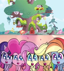 Size: 1715x1919 | Tagged: safe, edit, edited screencap, screencap, applejack, fluttershy, pinkie pie, rainbow dash, twilight sparkle, alicorn, earth pony, pegasus, pony, friendship is magic, g4, g4.5, my little pony: pony life, what goes updo, :o, female, golden oaks library, o, o mouth, open mouth, twilight sparkle (alicorn), wow