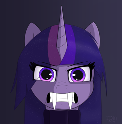 Size: 1932x1962 | Tagged: safe, artist:ionlydrawtwi, derpibooru exclusive, twilight sparkle, sabertooth pony, descended twilight, g4, angry, clothes, ethereal mane, fangs, gradient background, growling, scarf, simple background, starry eyes, starry mane