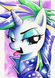 Size: 4093x5787 | Tagged: safe, artist:konanachi, rarity, pony, unicorn, g4, it isn't the mane thing about you, absurd file size, absurd resolution, alternate hairstyle, bust, female, lidded eyes, mare, portrait, punk, raripunk, signature, solo, tongue out