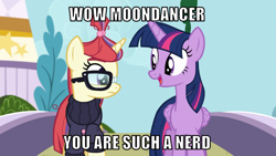 Size: 1066x600 | Tagged: safe, edit, edited screencap, editor:twi clown, screencap, moondancer, twilight sparkle, alicorn, pony, unicorn, amending fences, g4, season 5, caption, duo, female, hypocrisy, hypocritical humor, image macro, mare, nerd, text, twilight sparkle (alicorn)