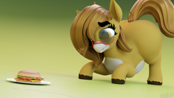 Size: 3840x2160 | Tagged: safe, artist:durpy337, oc, oc only, oc:pencil test, earth pony, pony, 3d, belly, big belly, blender, burger, butt, butt freckles, dock, fat, female, food, freckles, glasses, hay burger, high res, imminent pounce, large butt, leg freckles, licking, licking lips, plate, render, solo, thick eyebrows, tongue out, trap (device), unshorn fetlocks