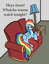 Size: 2550x3300 | Tagged: safe, artist:vareb, rainbow dash, pegasus, pony, g4, couch, high res, implied anon, lamp, looking at you, smiling, solo, table, talking to viewer, text, this will end in snuggles